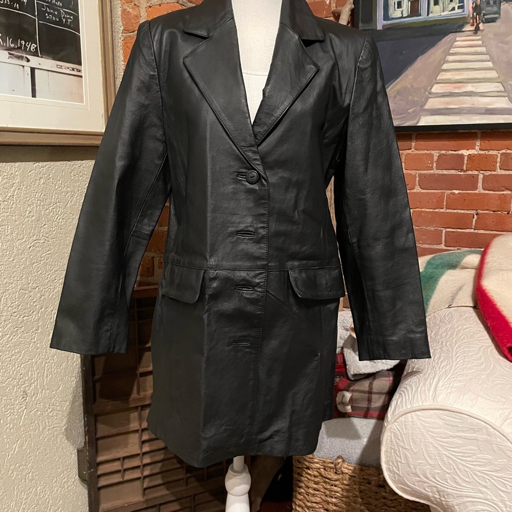 Newport News Women's Black Genuine Leather Front Button Jacket